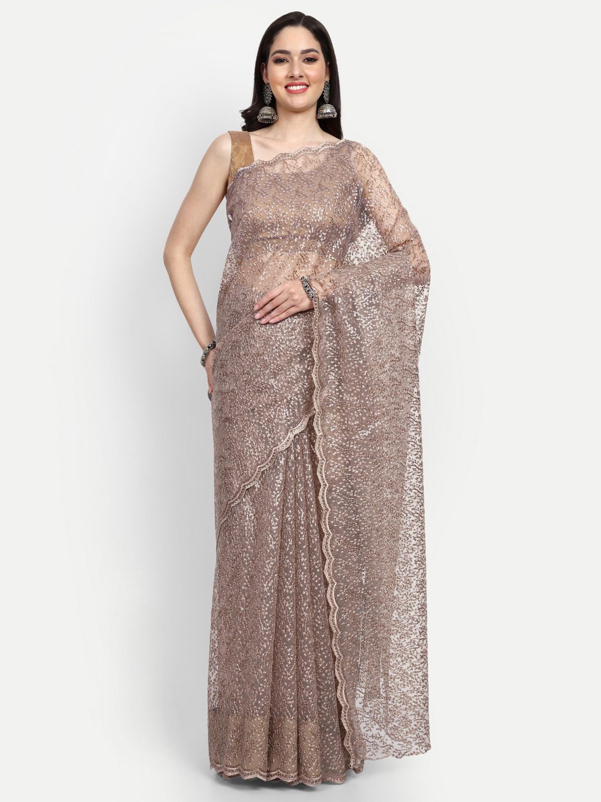 Beige Net Saree