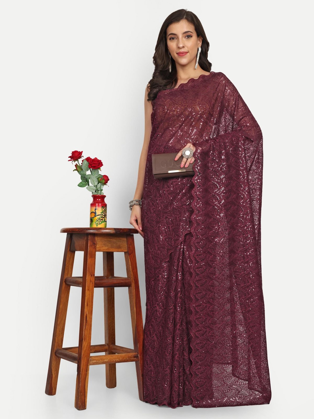 Maroon Net Saree