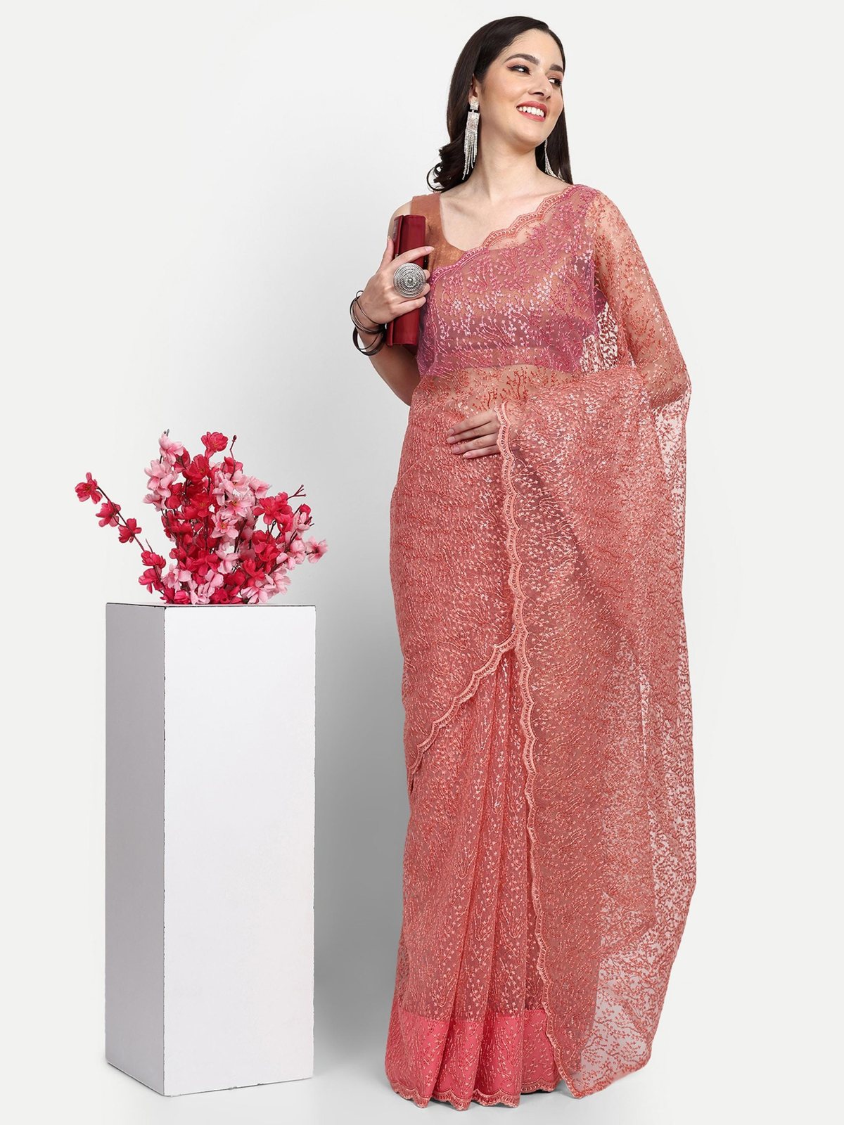 Peach Net Saree