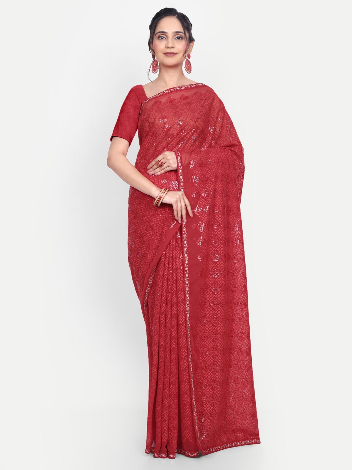 Red Chikankari Saree