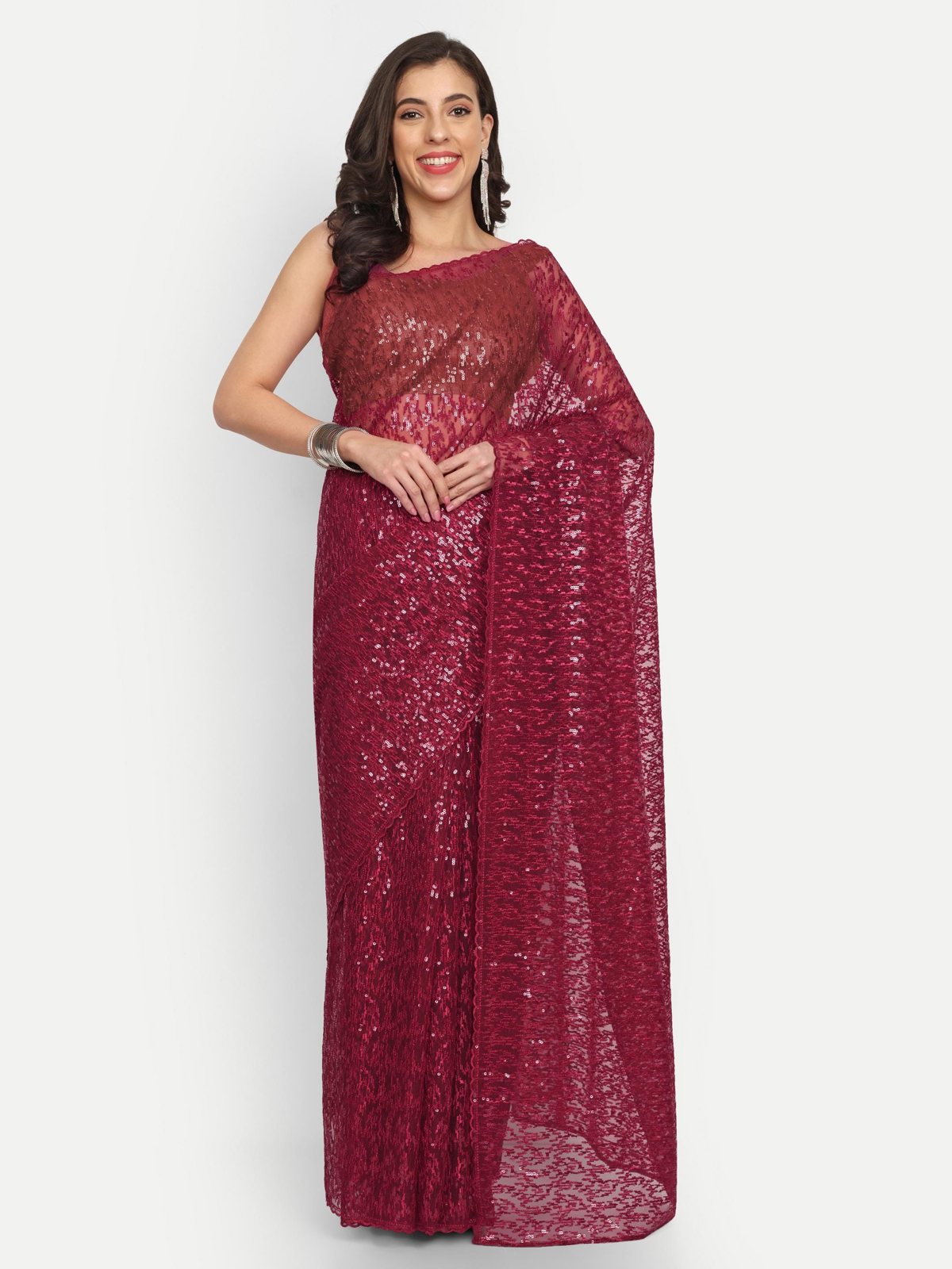 Dark Red Net Saree