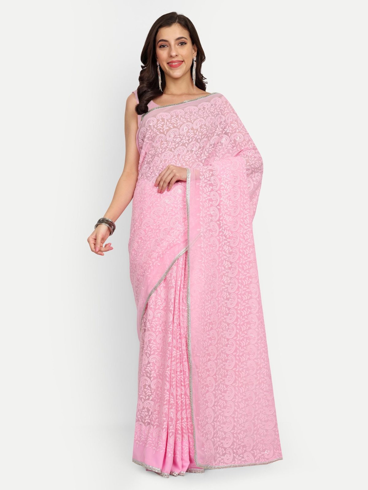 Pink Chikankari Saree