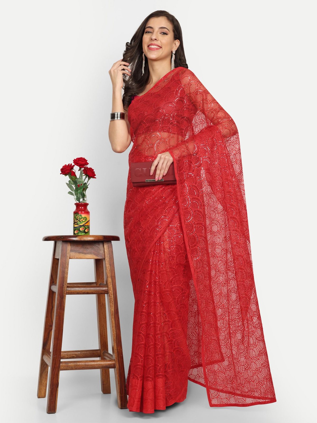 Red Net Saree